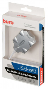 ���� ������ USB-��� USB 2.0 Buro BU-HUB4-0.5-U2.0-Candy, silver ��������-�������� ������������